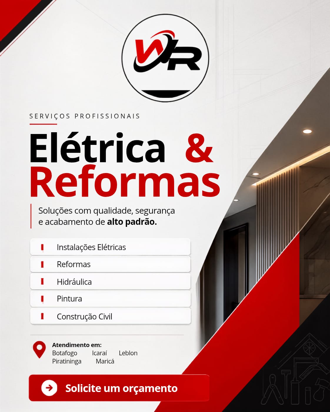 Apresentação visual dos serviços de elétrica e reformas WR
